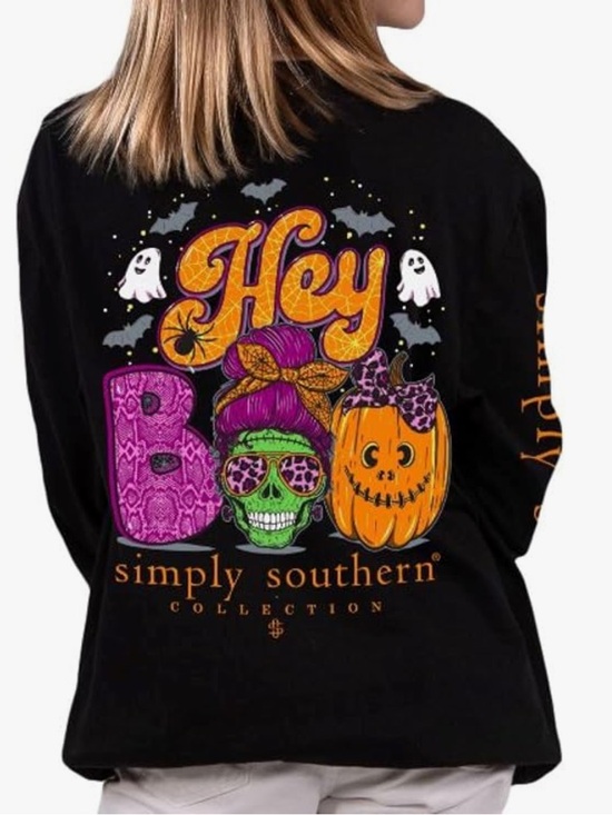 Simply Southern Tops - Simply Southern Black Long Sleeve Tee ‘Hey Boo’ Halloween Graphics. Size Small.